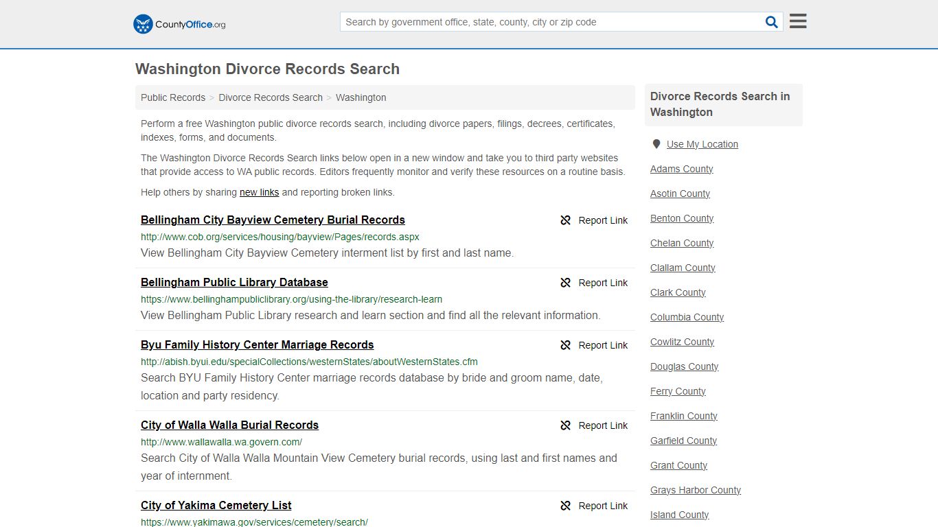 Washington Divorce Records Search - County Office